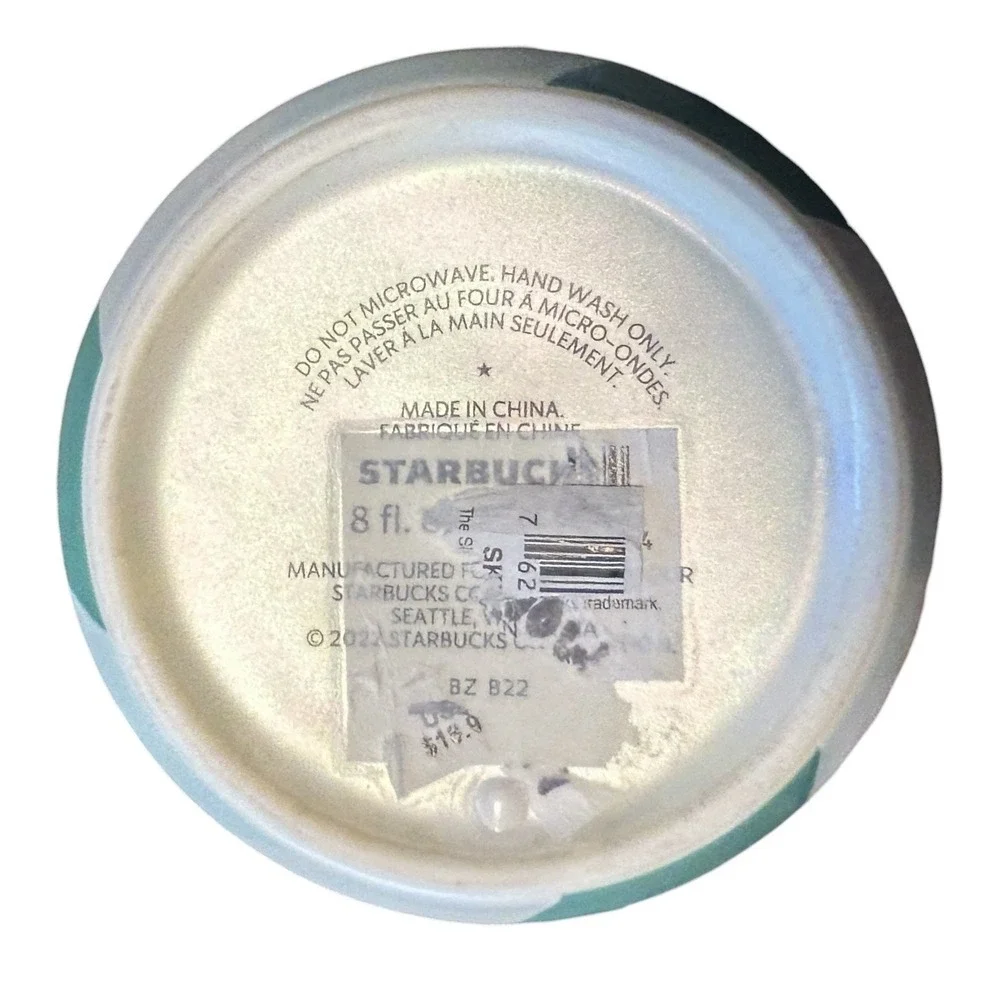 STARBUCKS Holiday 2022 Ceramic Travel Tumbler Green Striped w/ Plastic Lid 8 oz